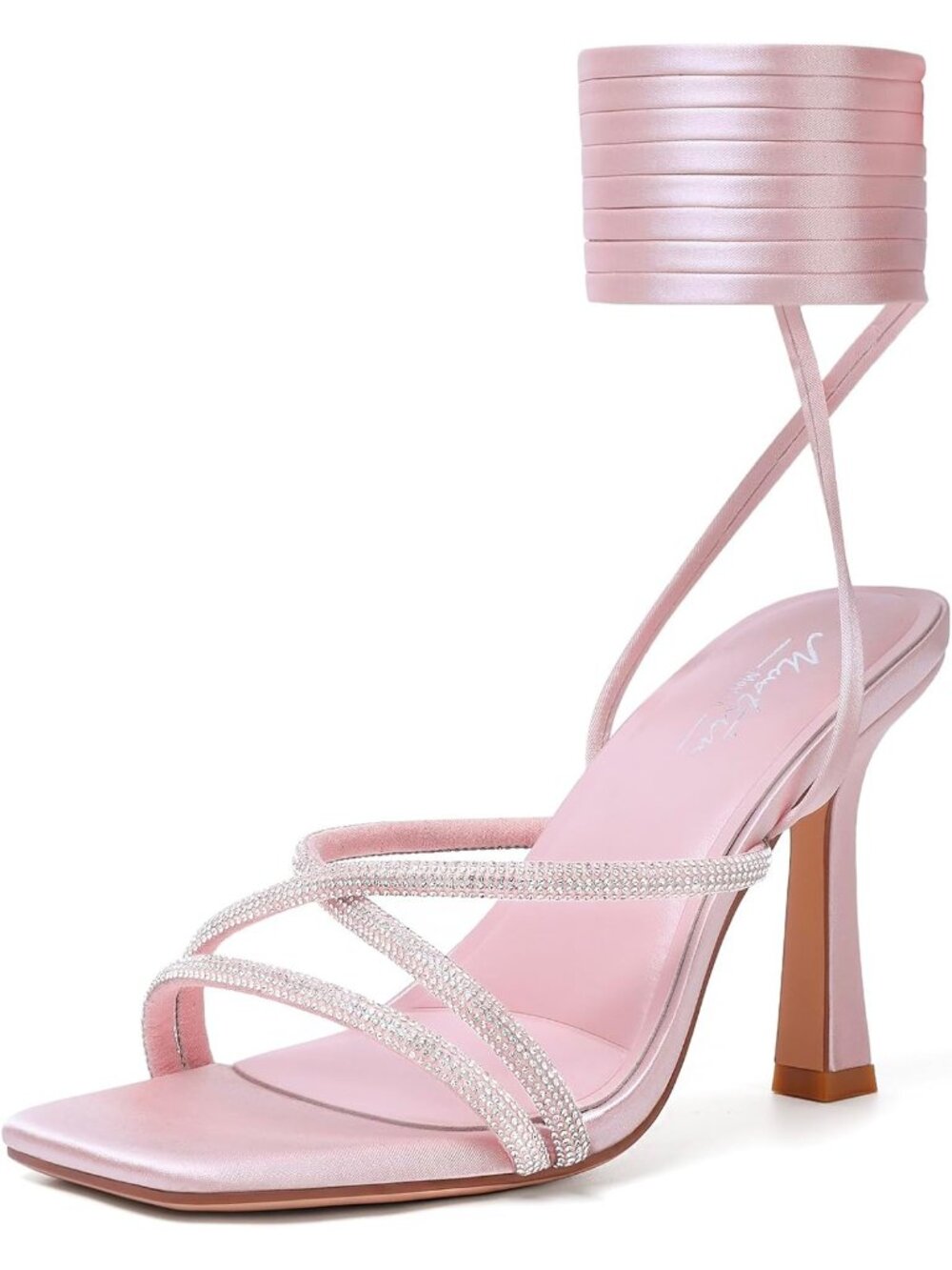 〽️Womens Pink Rhinestone Strappy Lace Up Square Toe High Heels Party Prom Sandal
